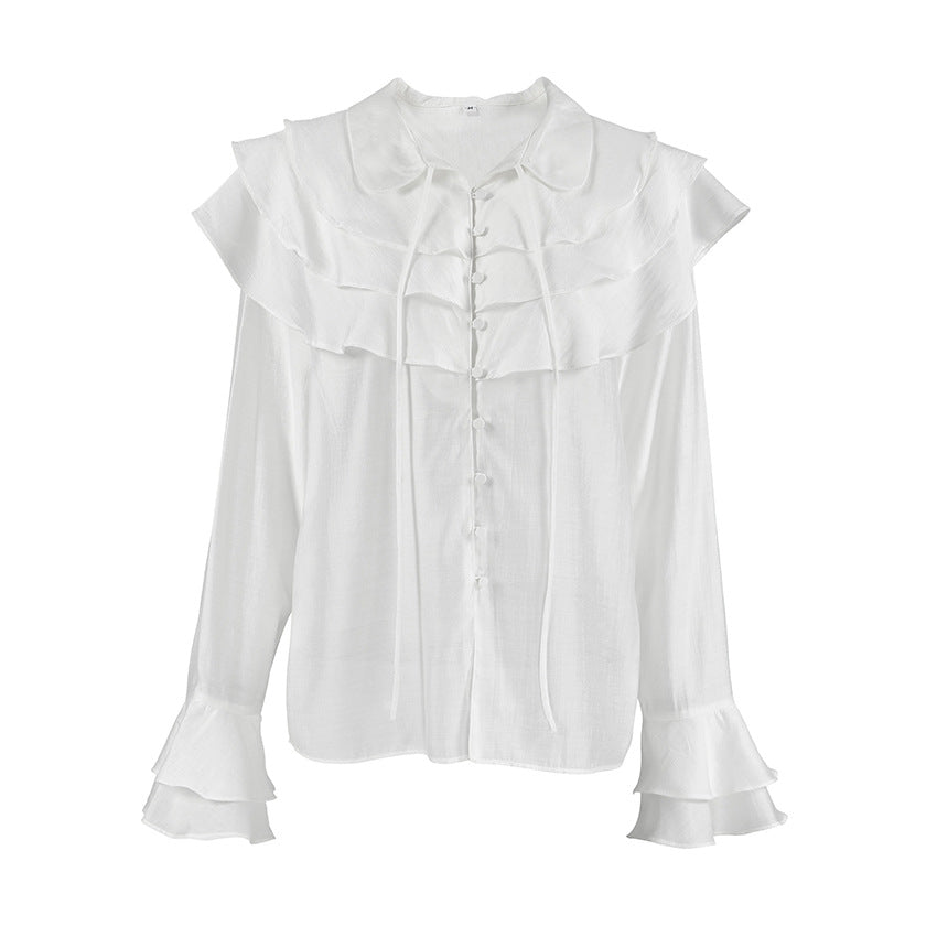 French Ruffled Tencel Yarn Bell Sleeve Ruffled Shirt Spring Summer Top