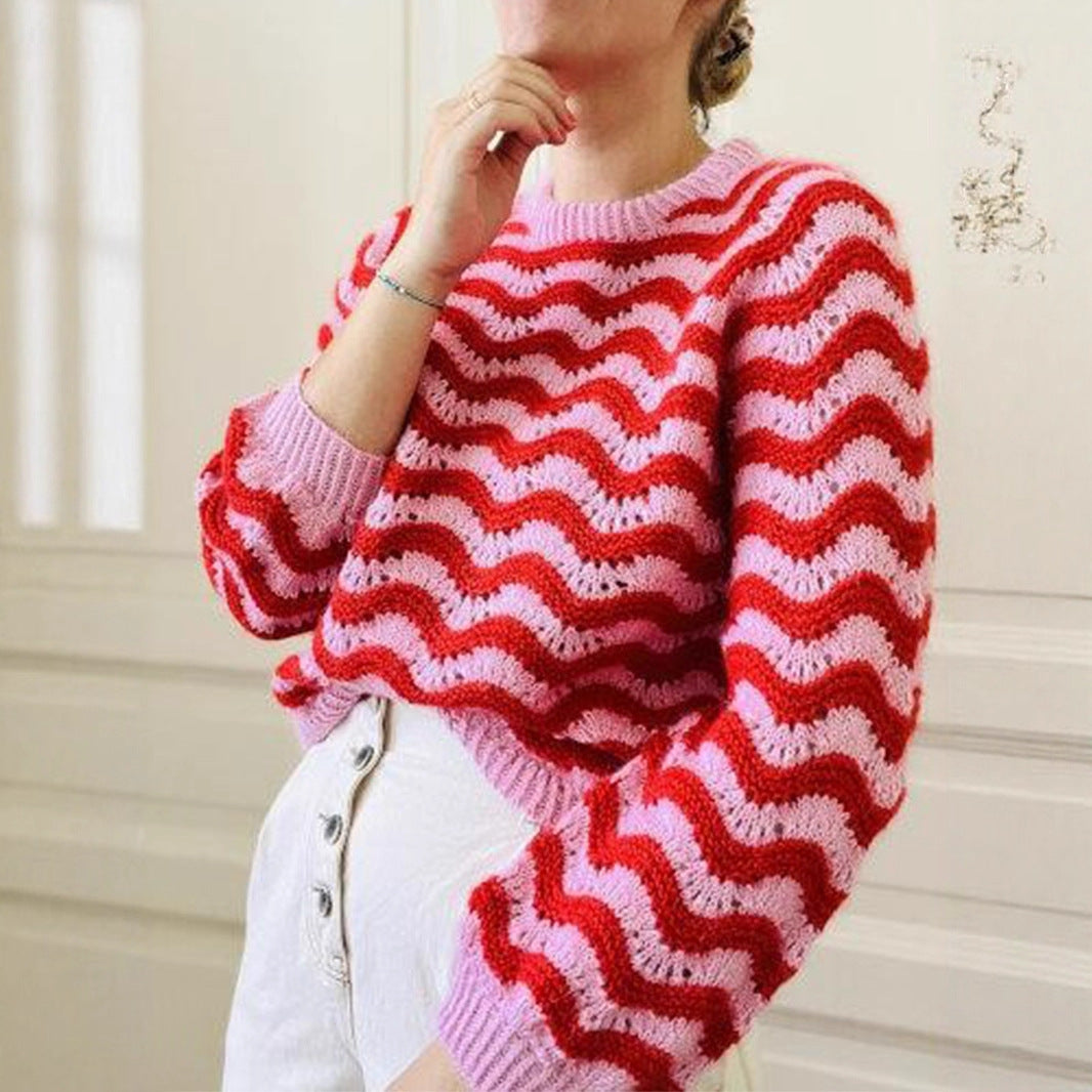 Pullover round Neck Wave Striped Women Autumn Winter Sweater Casual Long Sleeve Knitwear Top