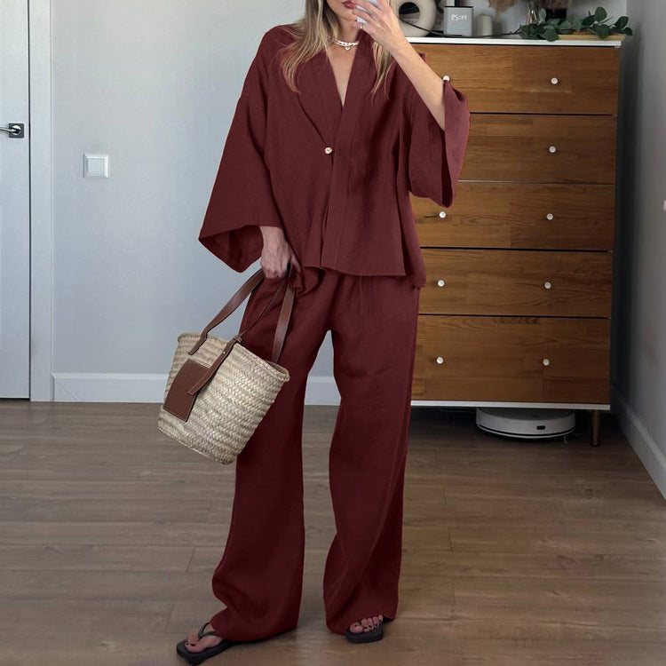 Casual Two Piece Sets Arrival High Sense Loose Fitting V neck Long Sleeves Top Trousers Women