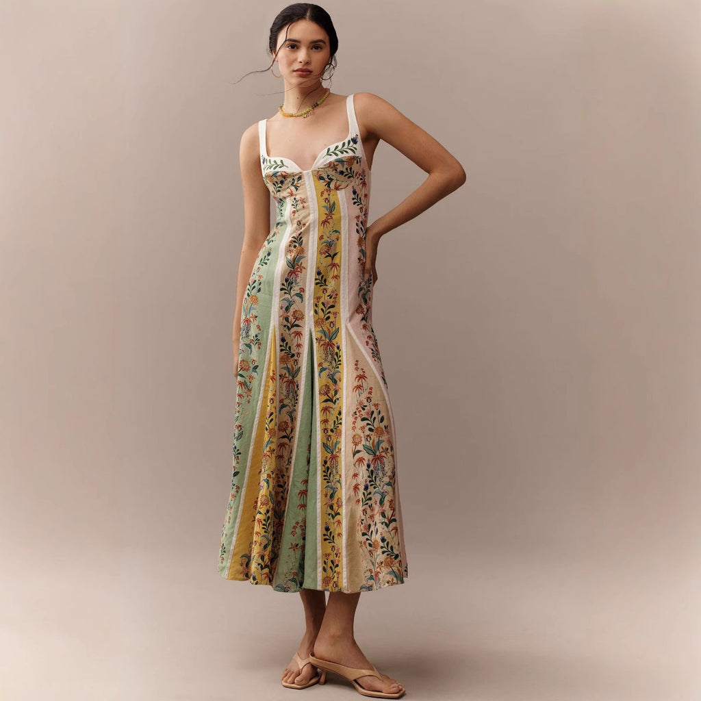 Spring Summer Suspender Positioning Linen Printing Dress Loose Vacation Dress