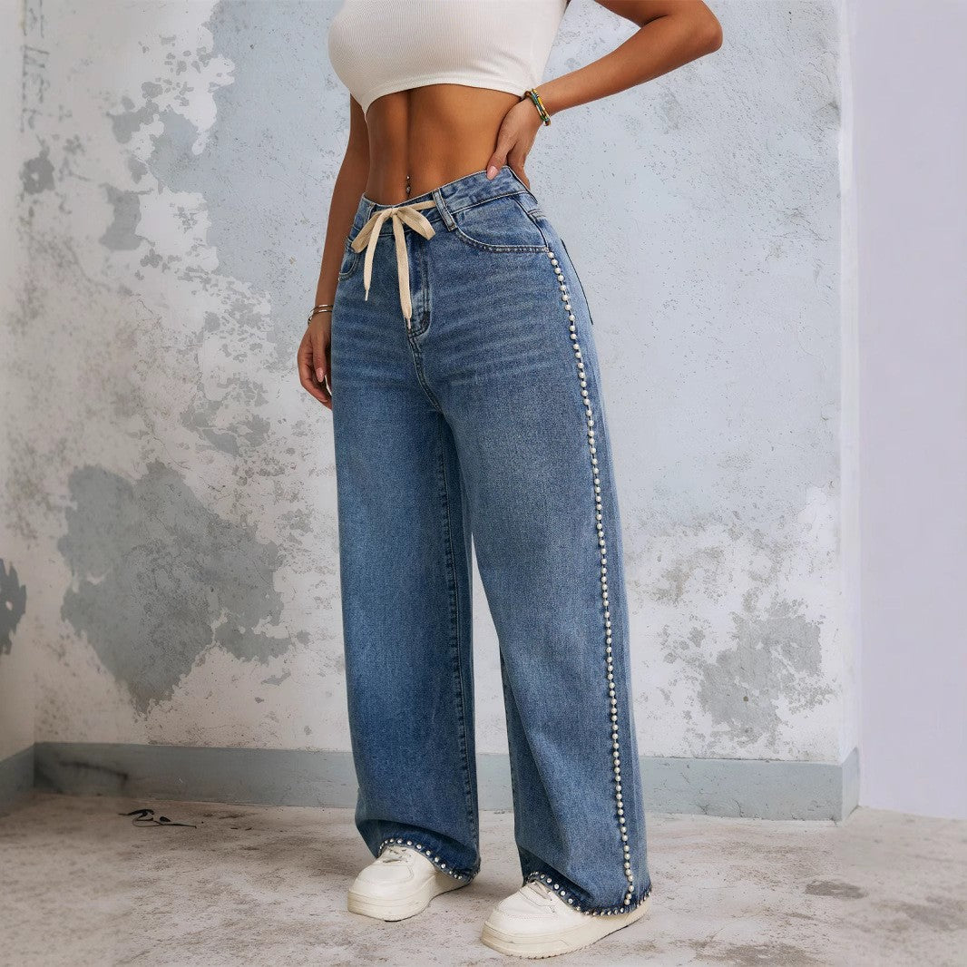 Retro Wide Leg Jeans Women Washed Beaded Drawstring High Waist Loose Drooping Straight Leg Pants