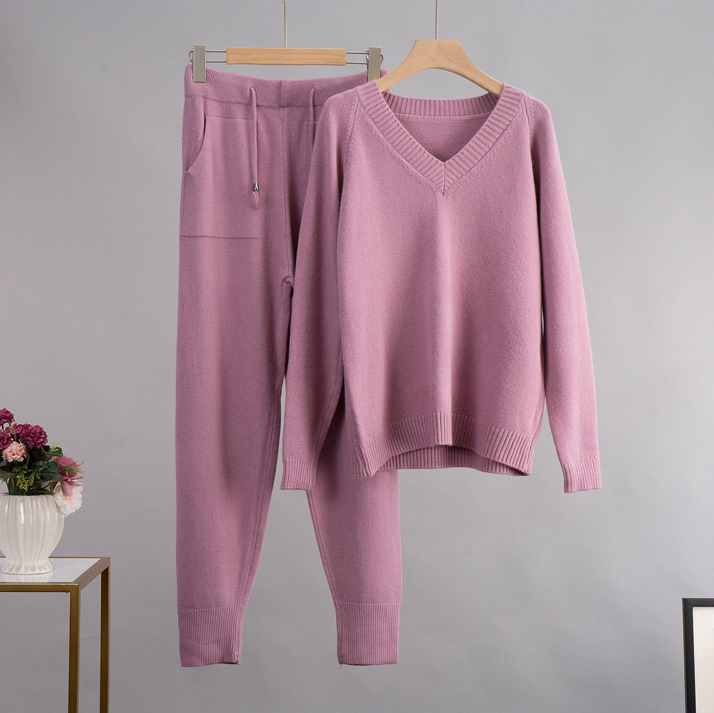 V neck Sweater Suit Autumn Winter Thermal Base V neck Sweater Pocket Skinny Pants Two Piece Set