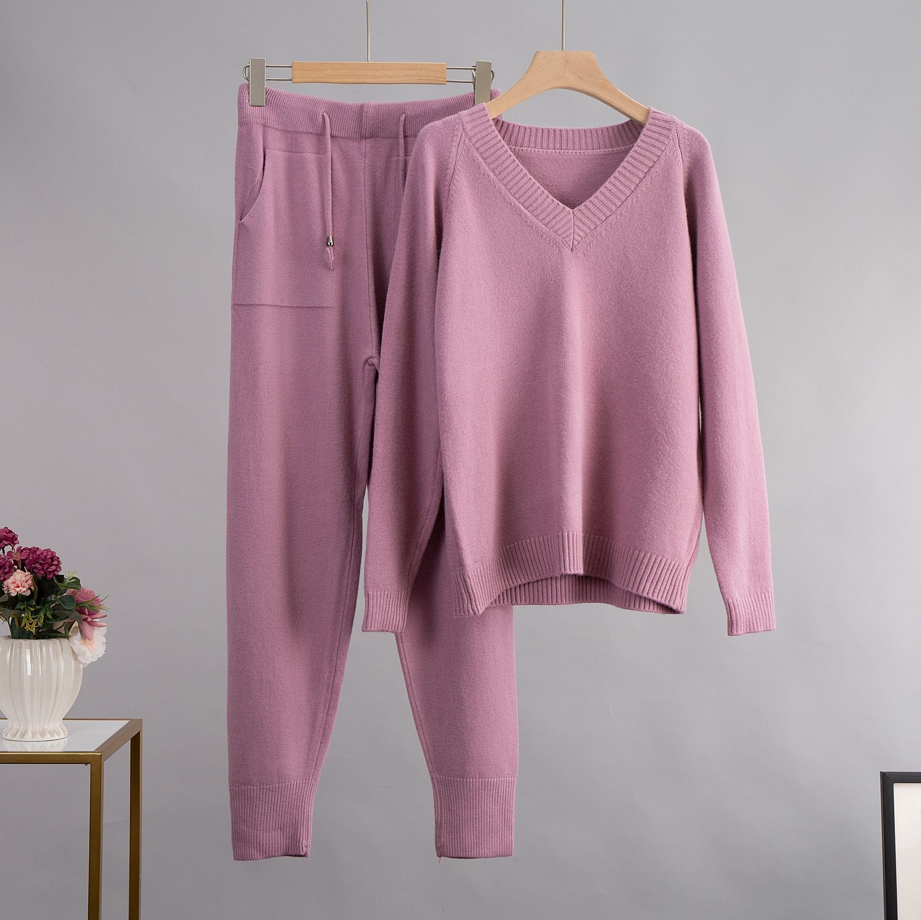 V neck Sweater Suit Autumn Winter Thermal Base V neck Sweater Pocket Skinny Pants Two Piece Set