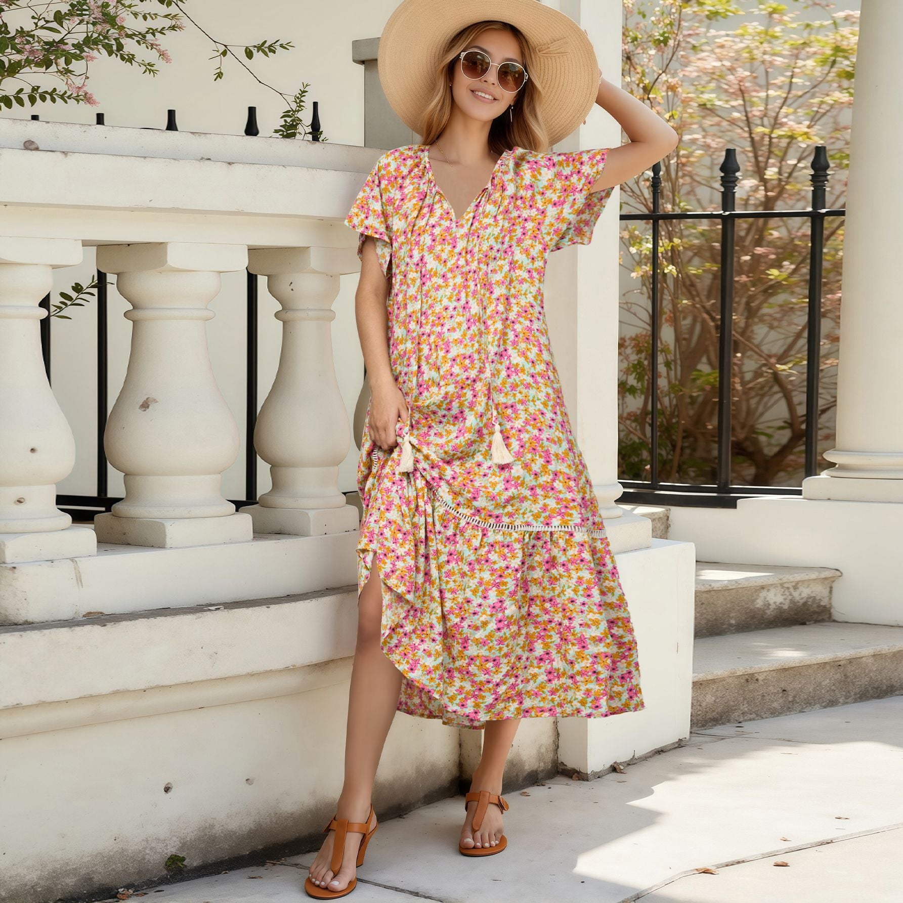 Summer Short Sleeve Floral Ruffled Stitching Vacation Dress