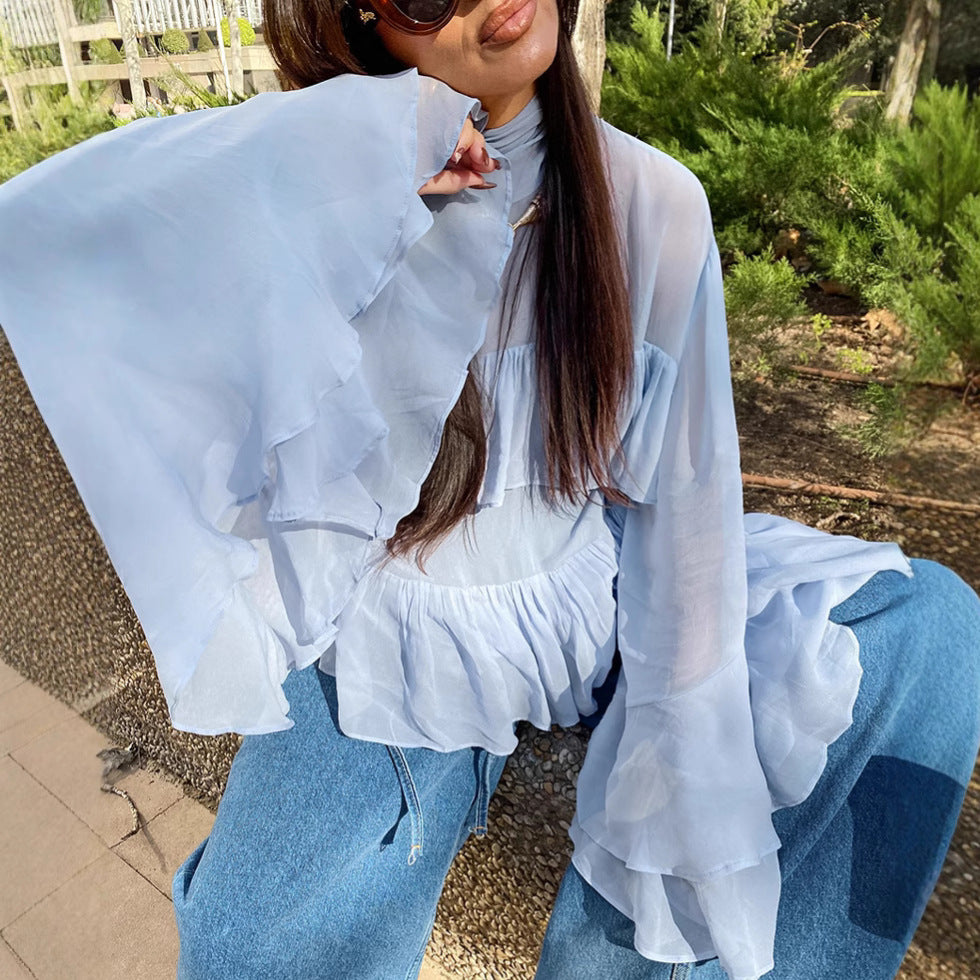 High Collar in Blue Elegant Flare Sleeve Ruffled Women Shirt Spring Summer Top