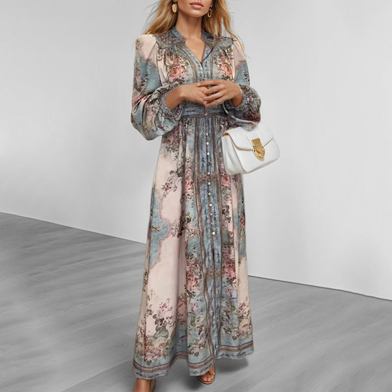 Women Clothing Elegant V neck Printed Long Sleeve Dress