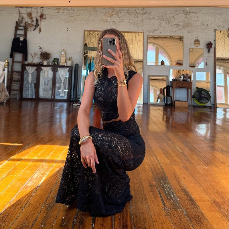 Women Clothing Summer Sexy Lace Hollow Out Cutout Top See through Hip Skirt Set Women