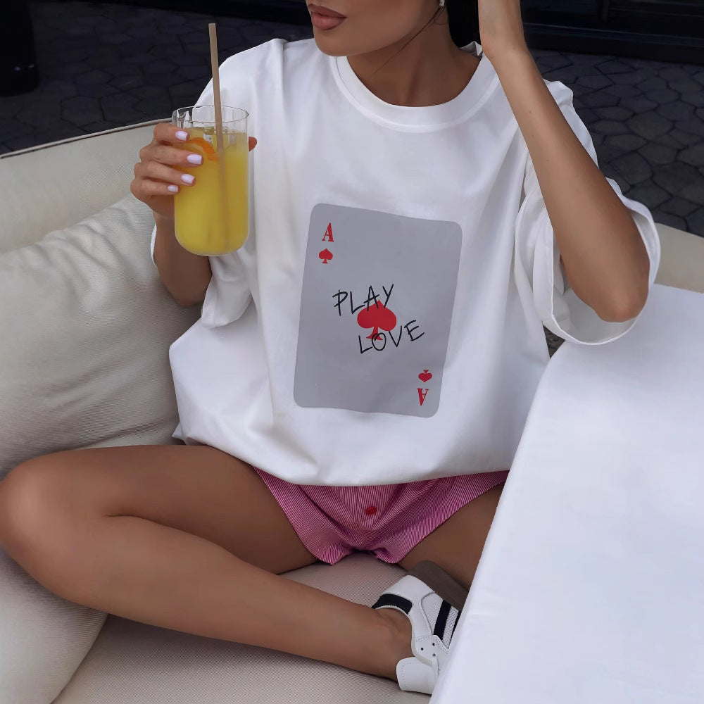 Cotton round Neck Loose Fitting T shirt Top Summer Poker a Letter Graphic Print Short Sleeve T shirt