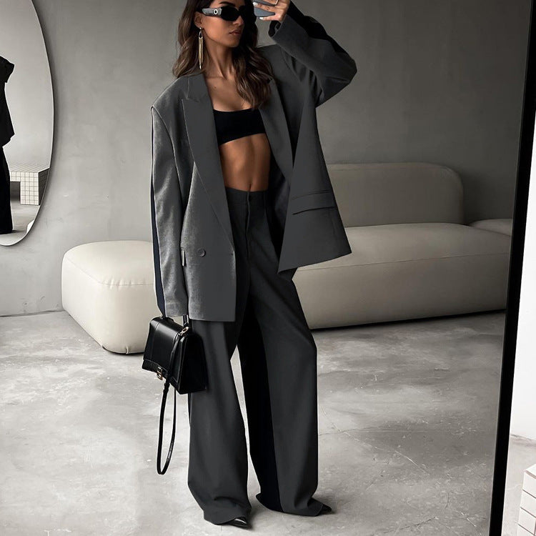 Office Loose Women Contrast Color Long Sleeves Turn down Collar Coat Wide Leg Pants Two Piece Set