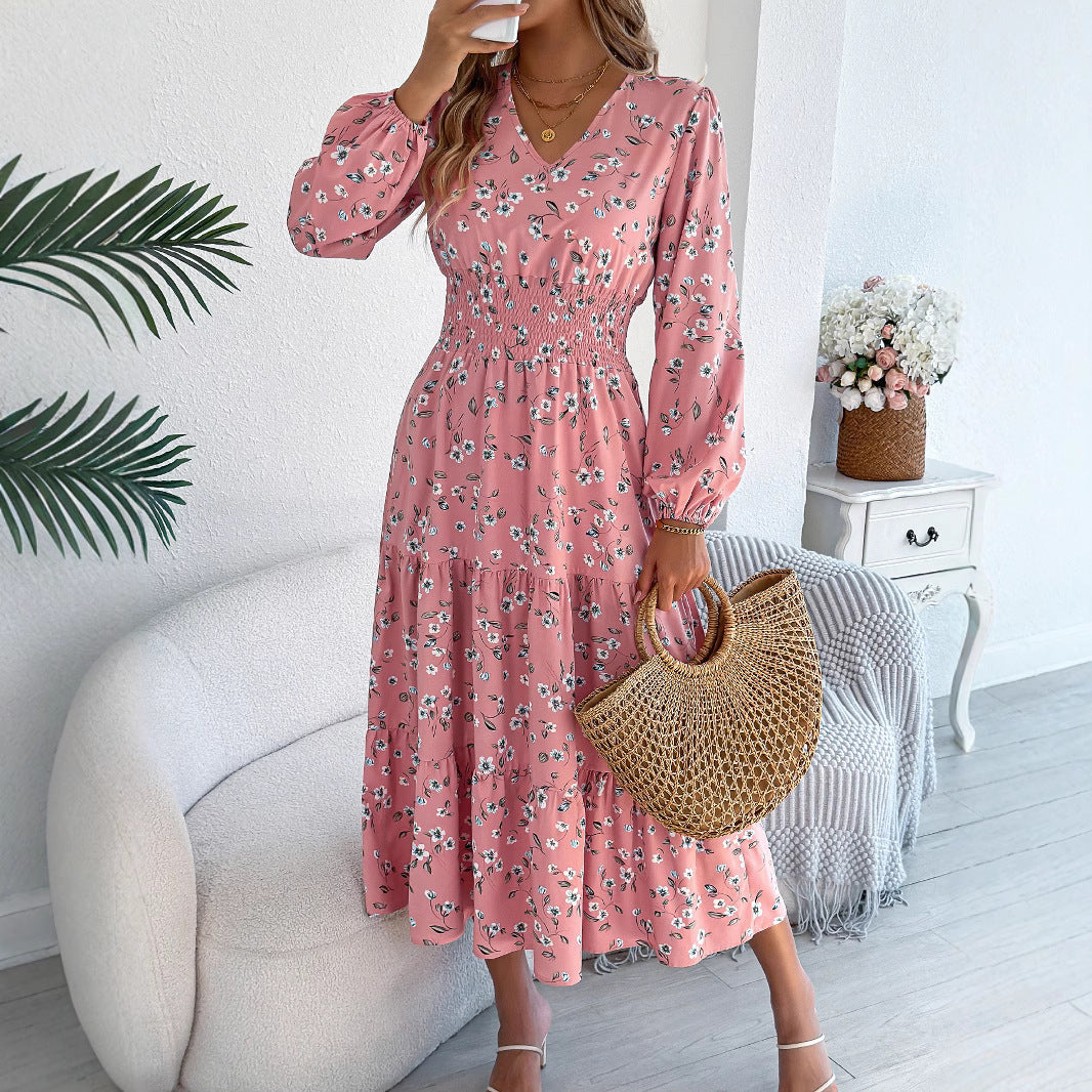Autumn Winter Elegant Floral V neck Long Sleeve Waist Trimming Ruffles A line Women Clothing