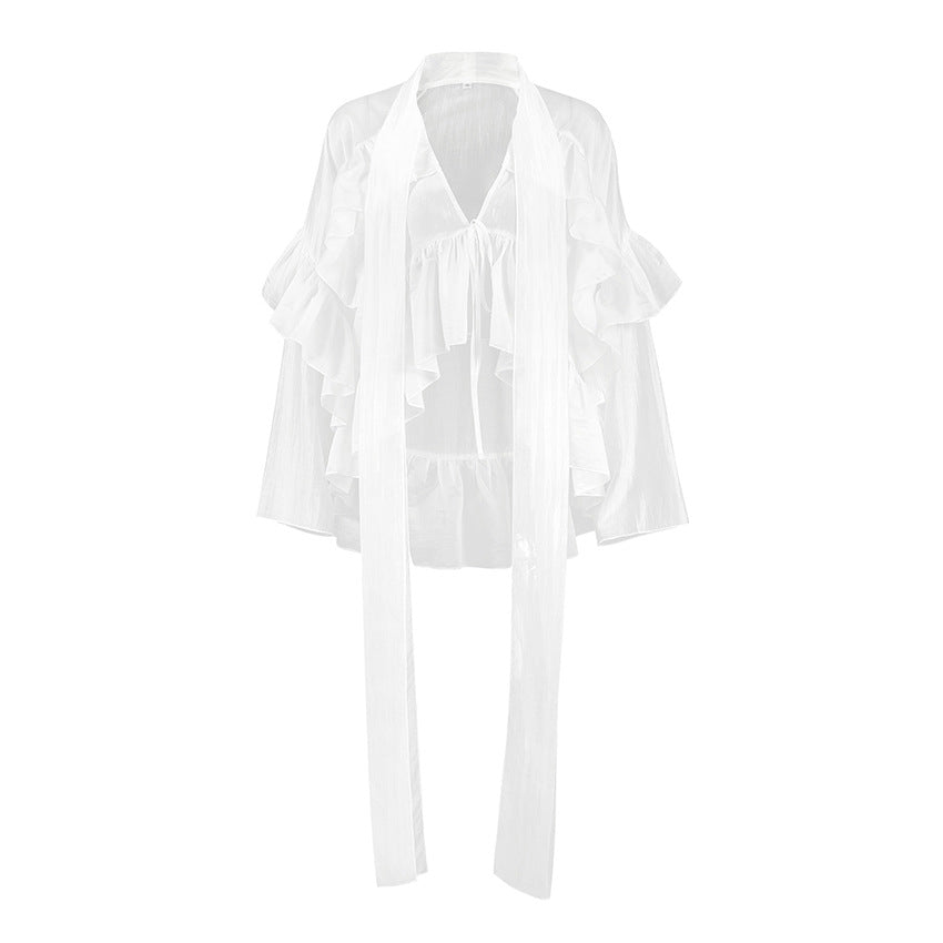 French Spring Summer Ruffled Ribbon Tencel Shirt Women Top