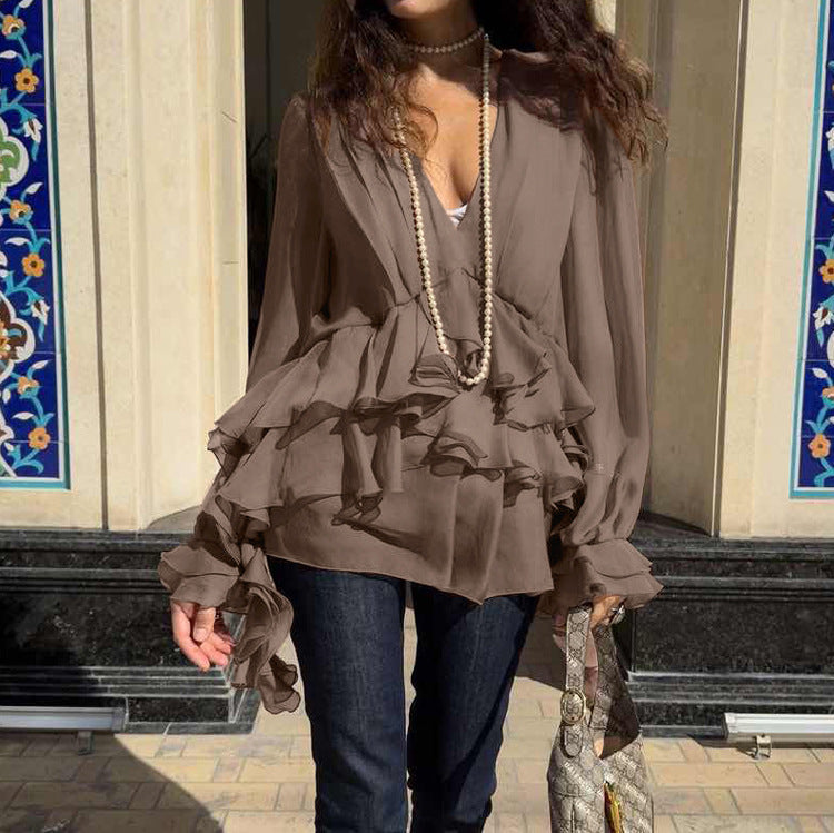 Chiffon V neck Long Sleeve Shirt Women Pleated Loose Office All Matching Top