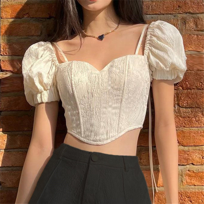 Spring Sexy Sweet French Royal Puff Sleeve Short Top for Women