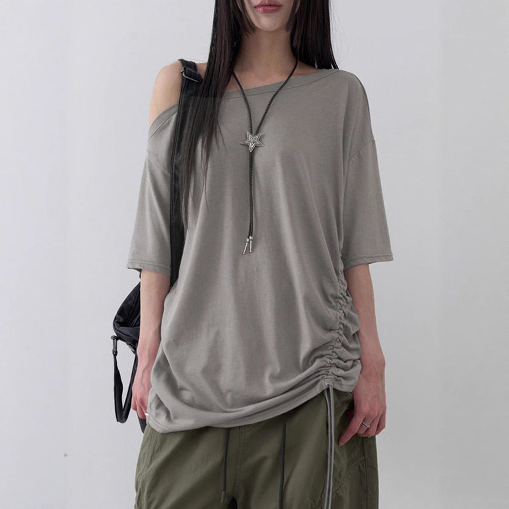 Casual Simple Loose Shoulder Pleating Short Sleeved Top Women Summer Mid Length Solid Color T shirt