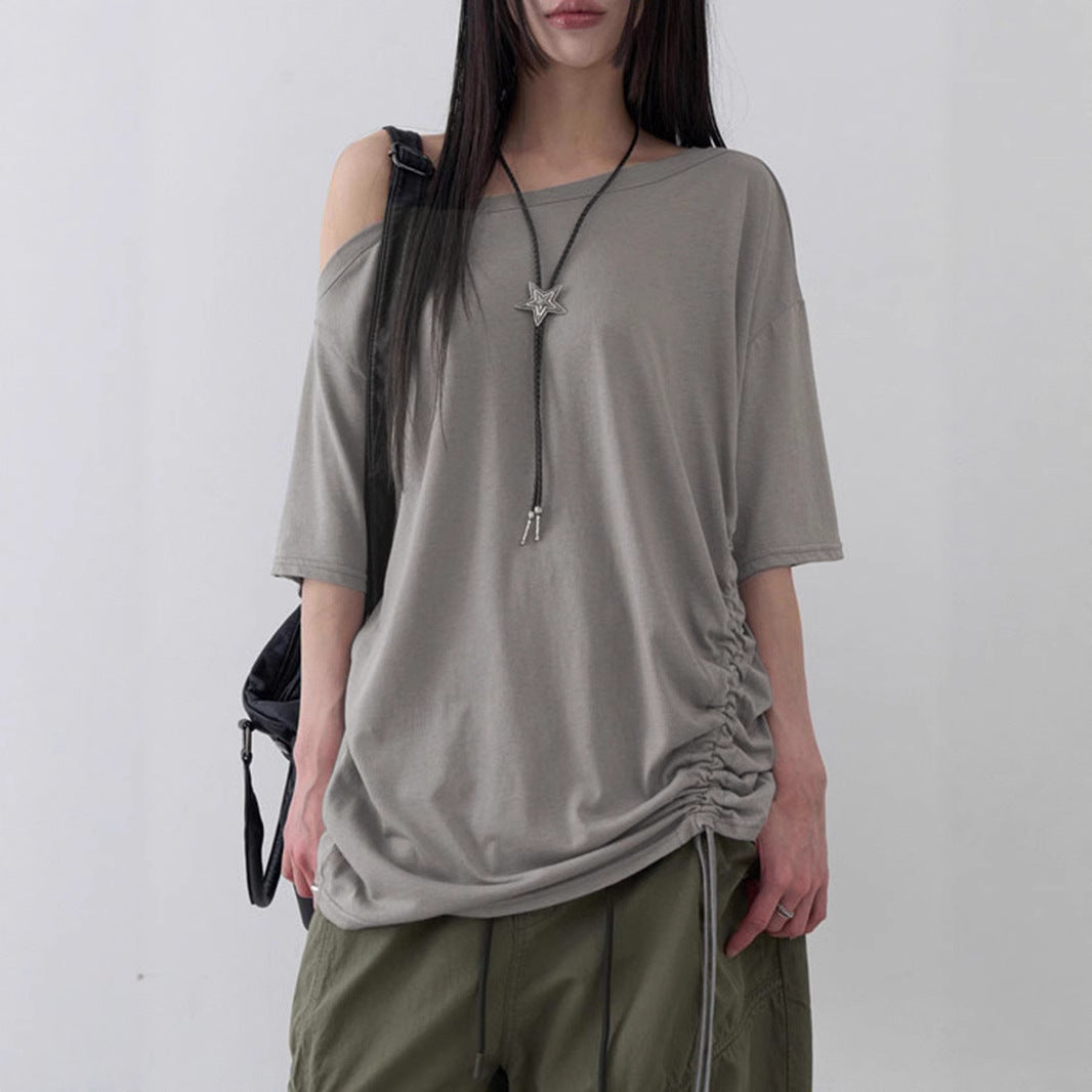 Casual Simple Loose Shoulder Pleating Short Sleeved Top Women Summer Mid Length Solid Color T shirt
