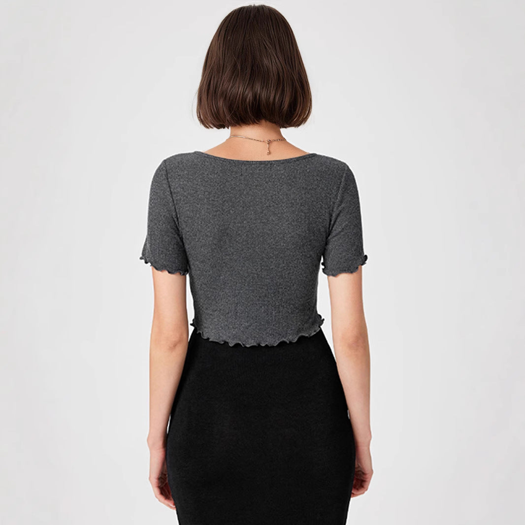 Women Clothing Summer Sexy V neck Drawstring Slimming Short Cropped Outfit Sexy Short Sleeve T shirt Top