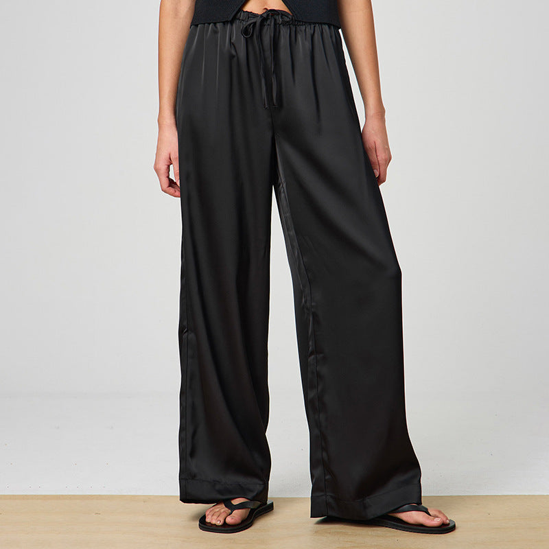 Women Clothing Solid Color Summer Loose Drape Lace up Double Socket Long Casual Pants