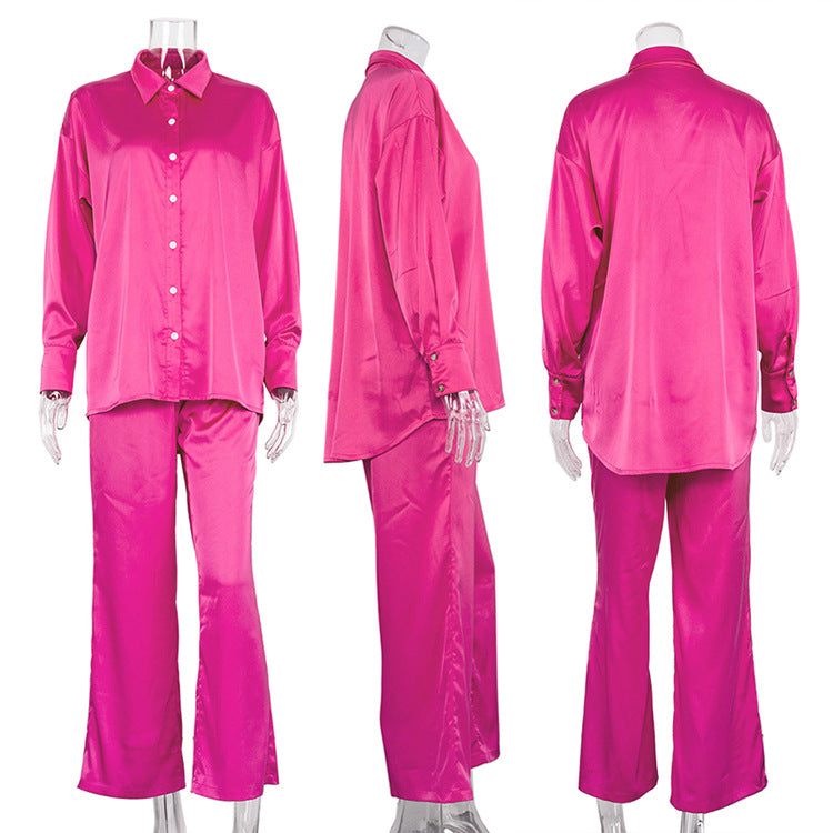 Early Spring Women Clothing Satin Shirt Office Draping Silky Straight-Leg Trousers Simple Casual Suit