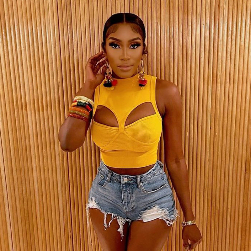 Sexy Open Chest Top Spring Solid Color Hollow Out Cutout All Matching Vest for Women