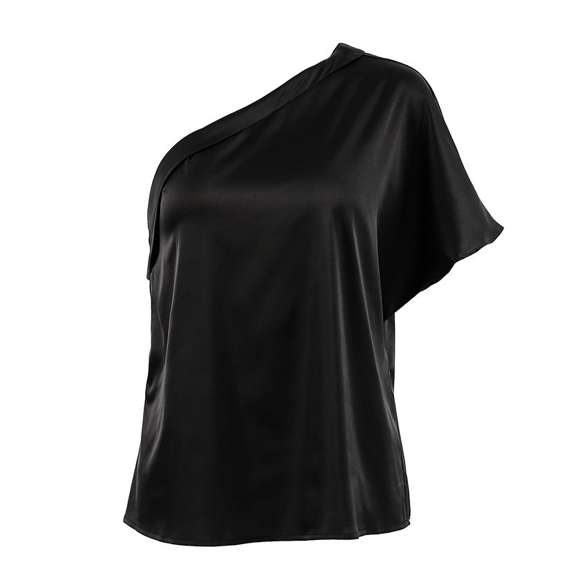 Spring Summer Irregular Asymmetric Collar Matte Satin off the Shoulder T shirt Top for Women