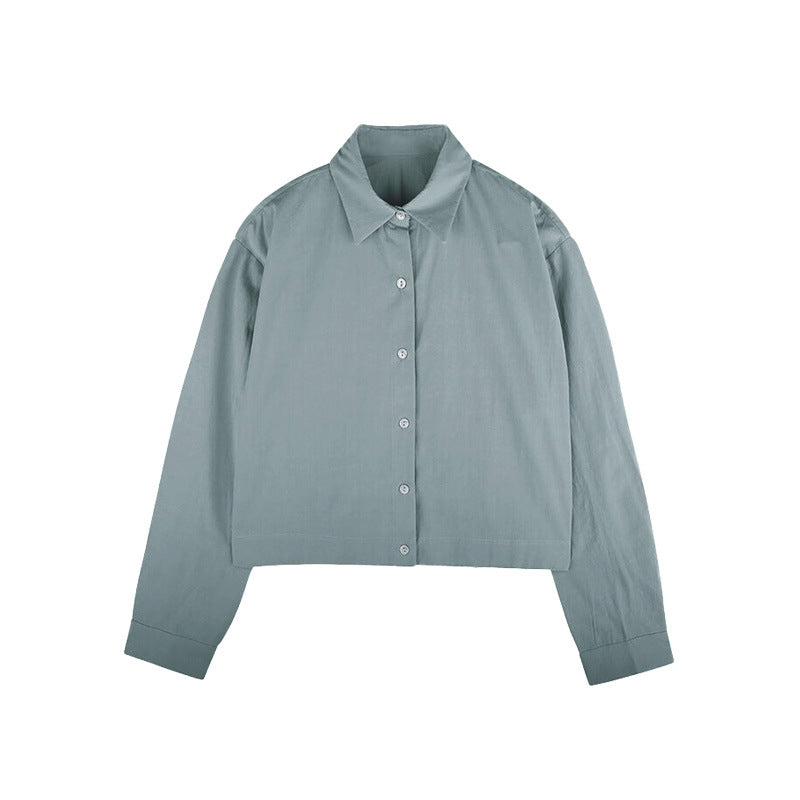Autumn Short Shirt Cotton Hem Elastic Waist Tight Design Casual Slimming Solid Color Long Sleeve Shirt for Women