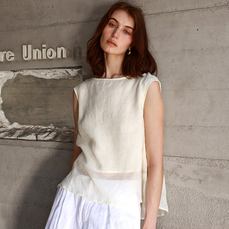 Pure Ramie round Neck Sleeveless Top for Women Summer Back Pleated Design Vest French round Neck Loose Top