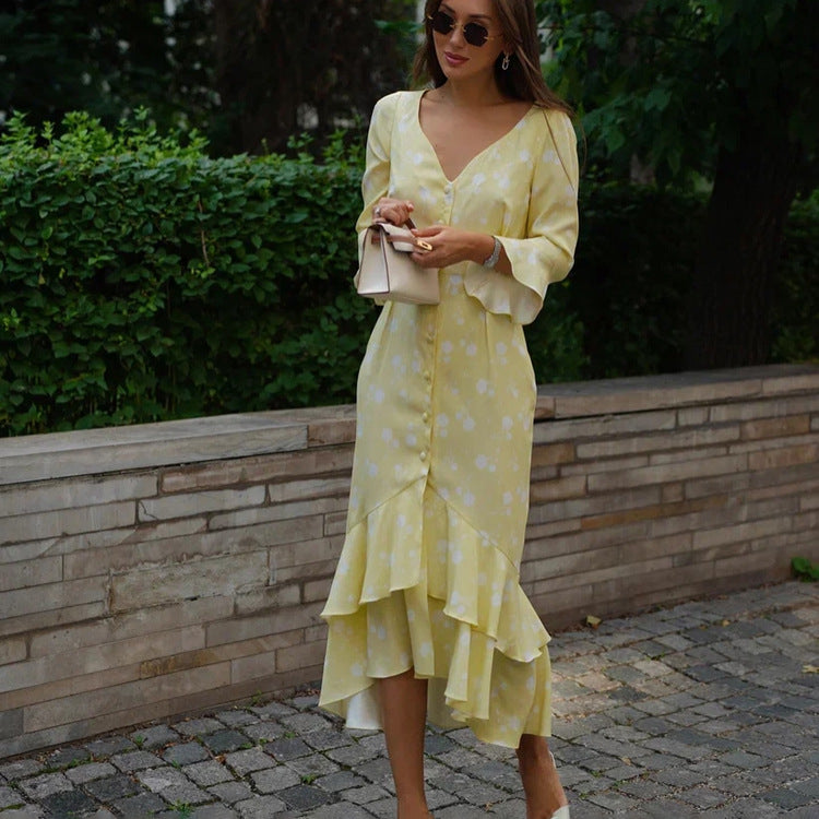 French Asymmetric Design V neck Flared Sleeves Floral Elegant High Waist Dress Women