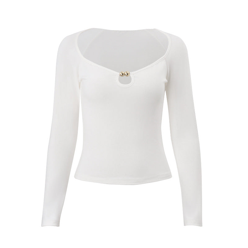 Women Clothing Autumn Elegant Street Sexy Beaded Slim Fit Long Sleeved Knitted Top for Women