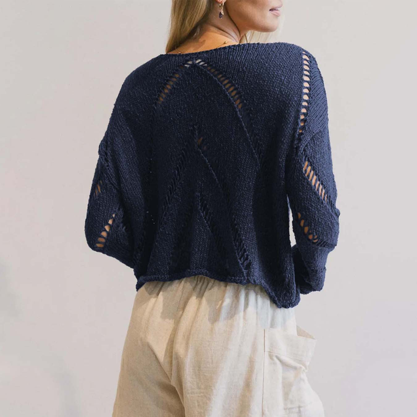 Solid Color Idle Hollow Out Cutout out Thin Knitwear Sweater Women Autumn Long Sleeve Short Top Women