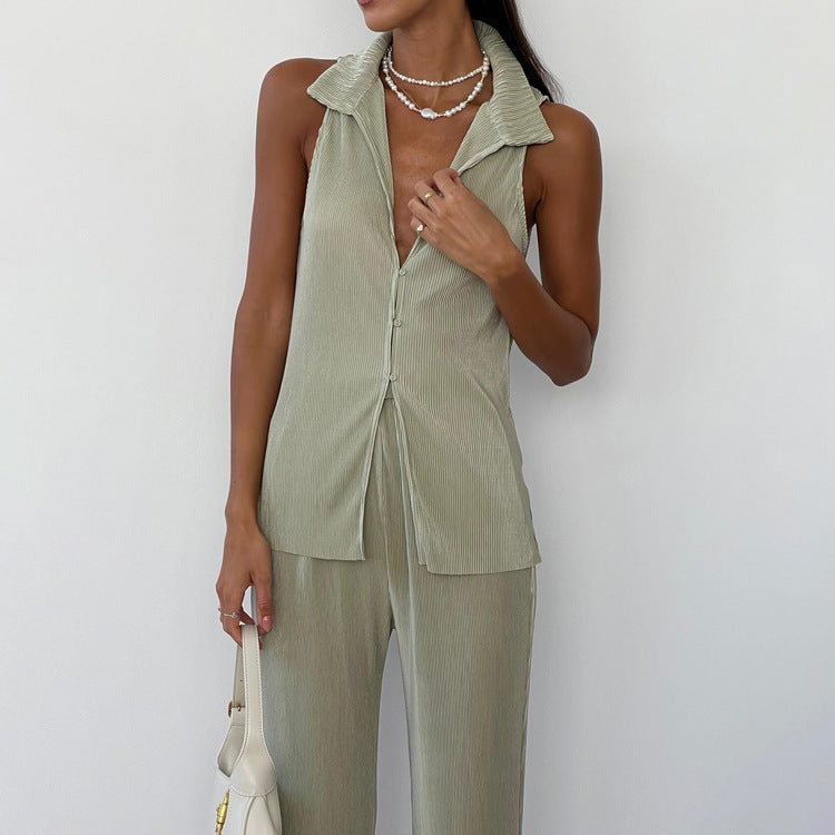 Women Clothing Summer Casual Solid Color Sleeveless Shirt High Waist Trousers Pleated Suit