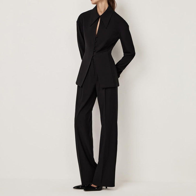 Black Sets Women Collared Long Sleeve Slim Jacket Casual Pants Office Two Piece Sets