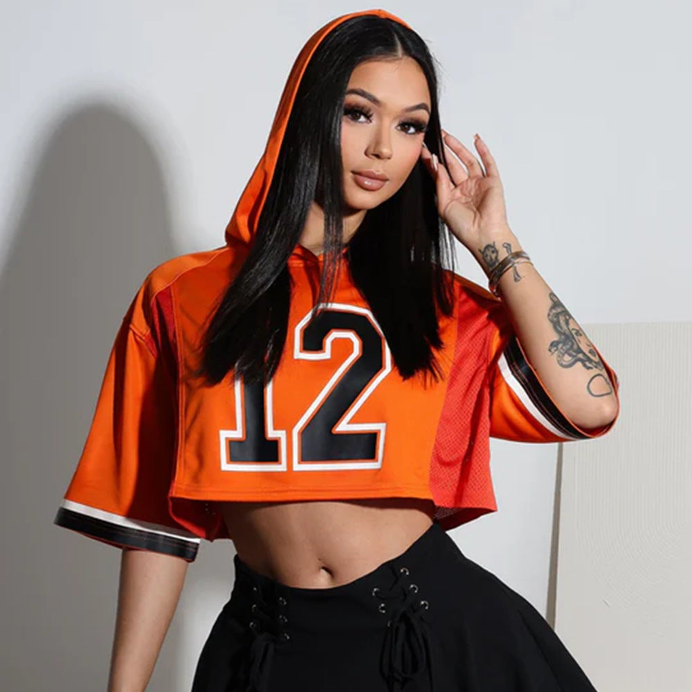 Sports T shirt Summer Hooded Cropped Loose Sexy Adhesive Cement Printed Short-Sleeved Top Women
