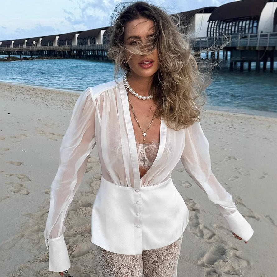 French Thin Sexy Deep V Plunge Tencel Yarn Waist Trimming Shirt Spring Summer Top for Women