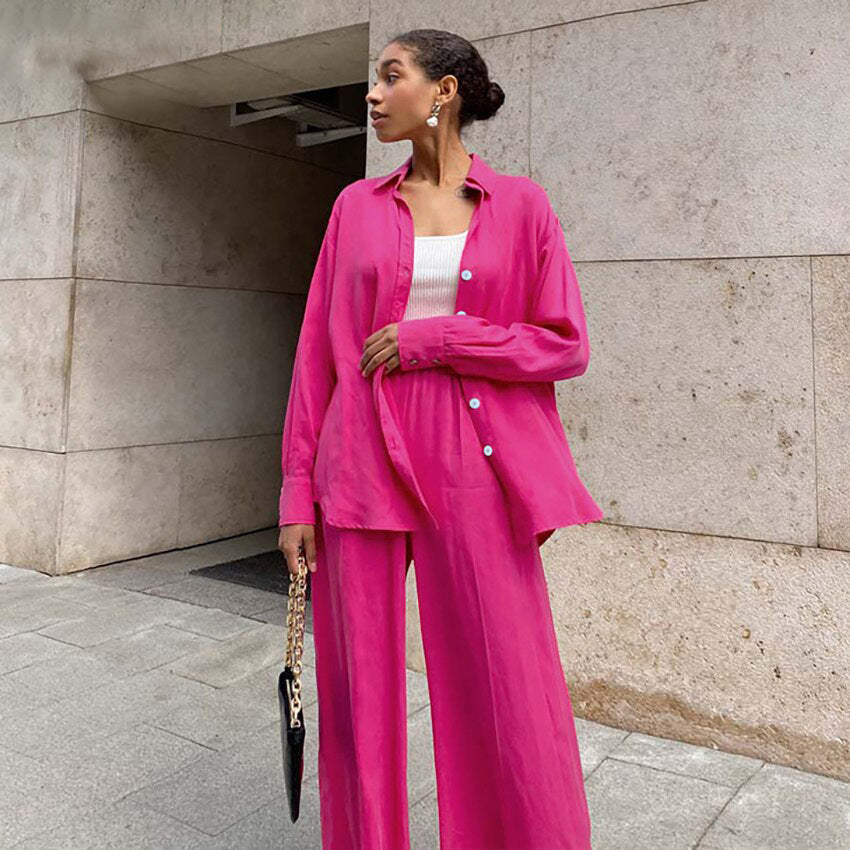 Early Spring Women Clothing Satin Shirt Office Draping Silky Straight-Leg Trousers Simple Casual Suit