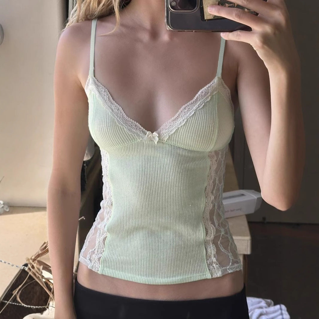 Summer Girl Dopamine Lace Stitching Small Sling V neck Sexy See through Thin Knitted Underwear Top