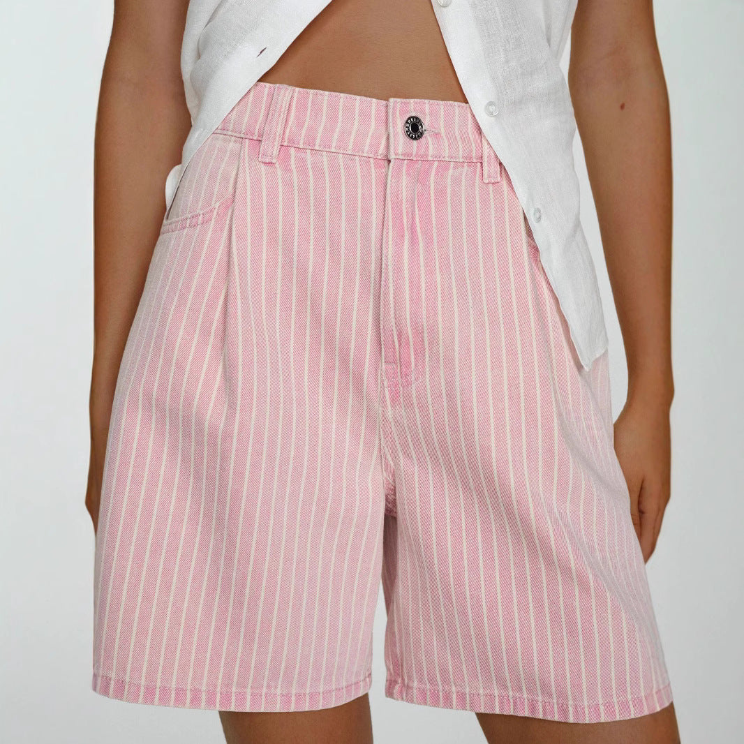 Casual Striped Loose High Waist Denim Shorts Women Jeans