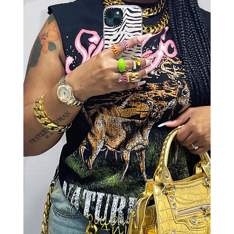 Street Printed Vest T shirt Spring Loose Women Top