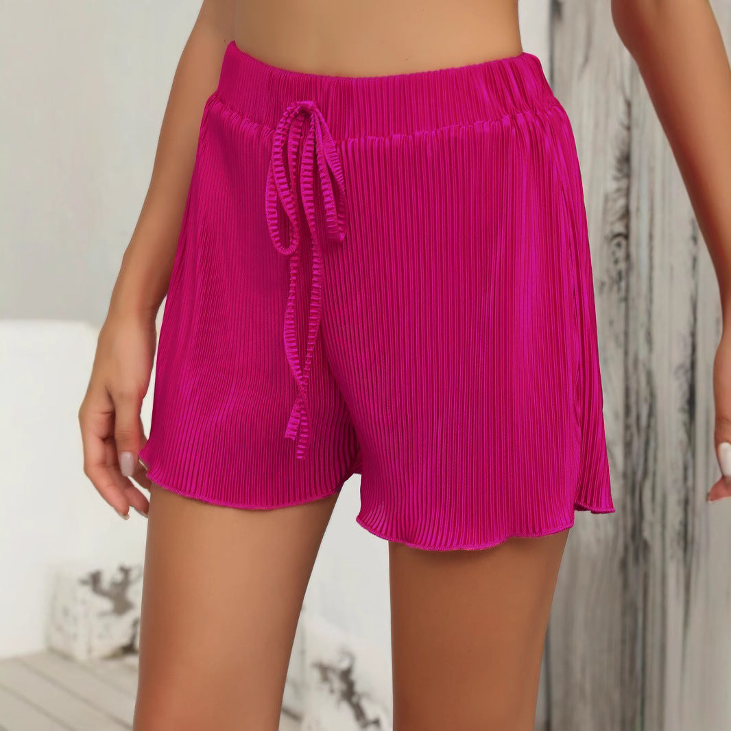 Women Summer Pleated Elastic Drawstring Wooden Ear Casual Shorts