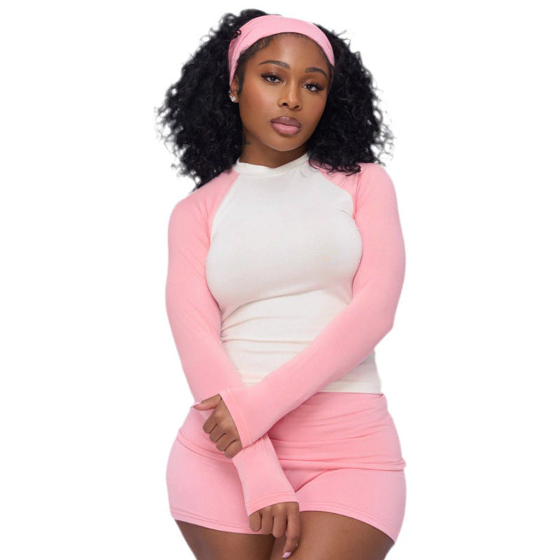 Casual Sports Basic Color Contrast Long Sleeve T shirt Top Waist Shorts Fitness Two Piece Sets