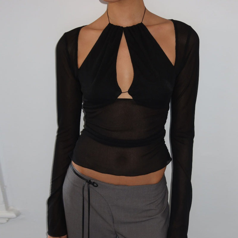 Summer Women Mesh Stitching Hollow Out Cutout Irregular Asymmetric Slim Fit Slimming Long Sleeve Top