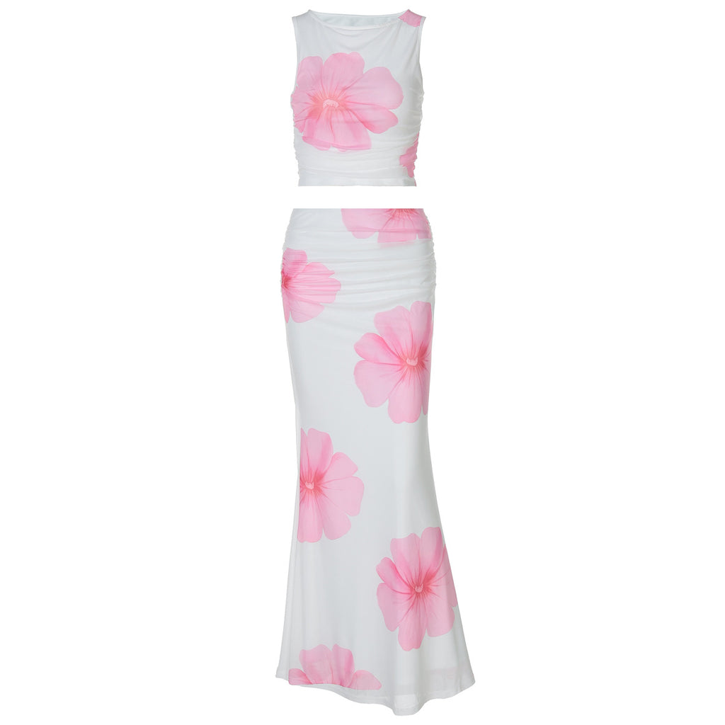 Summer Women Clothing Mesh Stitching Printing Sleeveless Top Skirt Set