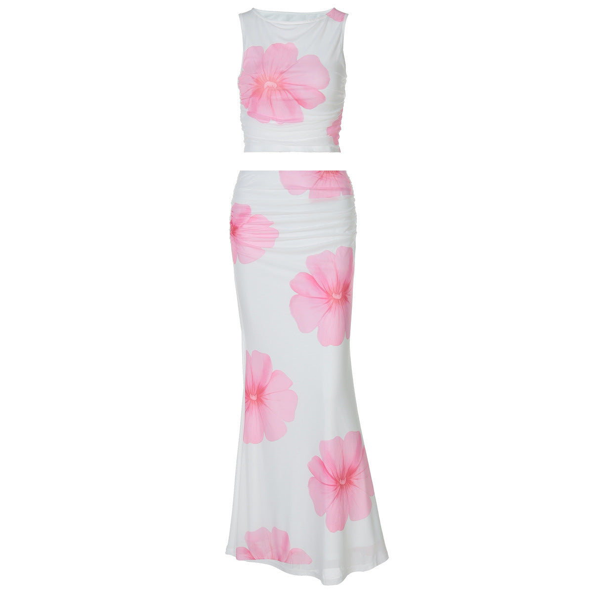 Summer Women Clothing Mesh Stitching Printing Sleeveless Top Skirt Set