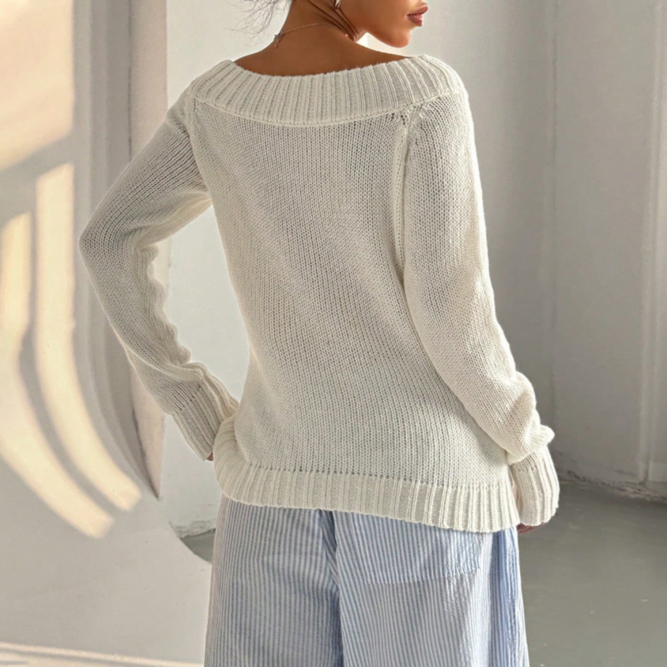 Solid Color Simple off Neck Pullover Sloping Exposed Shoulder Women's Autumn/Winter Knit Casual Sweater for Women