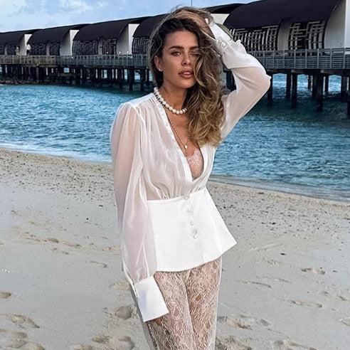 French Thin Sexy Deep V Plunge Tencel Yarn Waist Trimming Shirt Spring Summer Top for Women