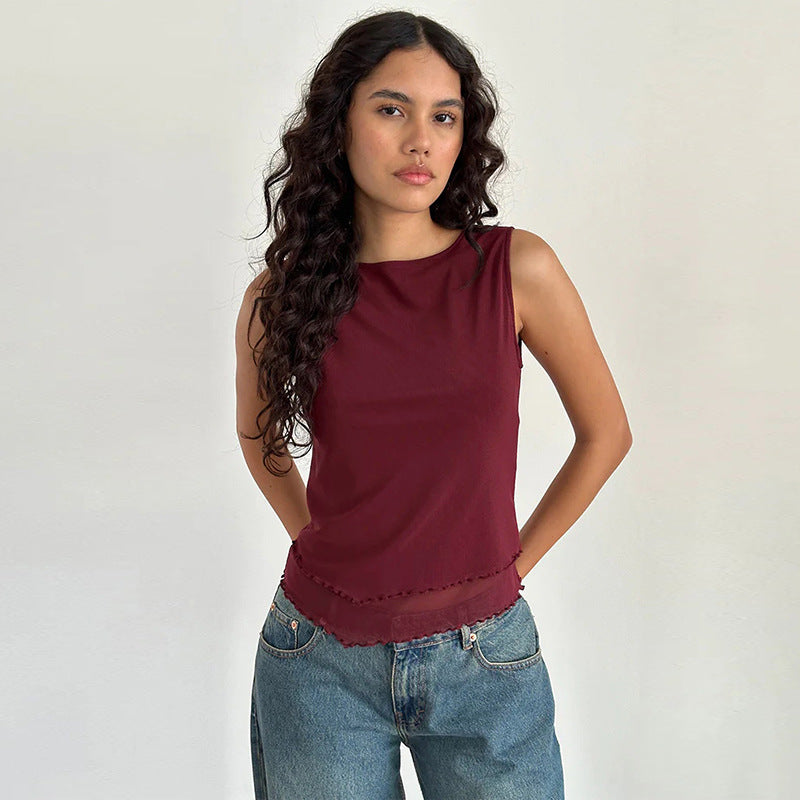 Spring Women Clothing Casual Wild Vest Mesh round Neck Top for Women