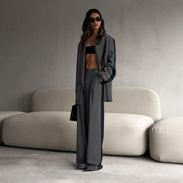 Office Loose Women Contrast Color Long Sleeves Turn down Collar Coat Wide Leg Pants Two Piece Set