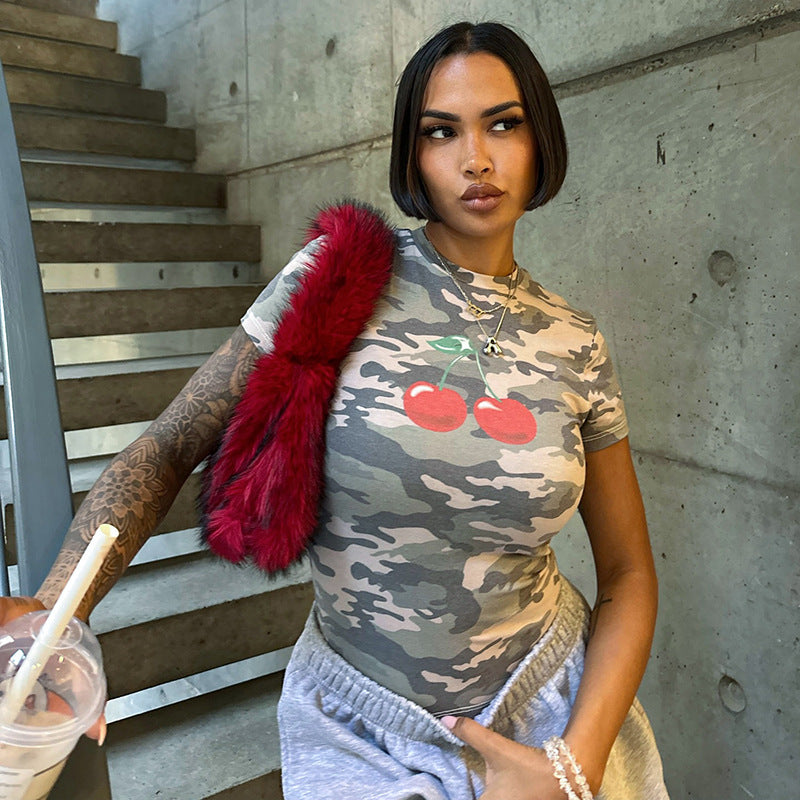 Women Spring Summer Camouflage Cherry Print round Neck Slim Fit Pullover Shoulder Top T shirt