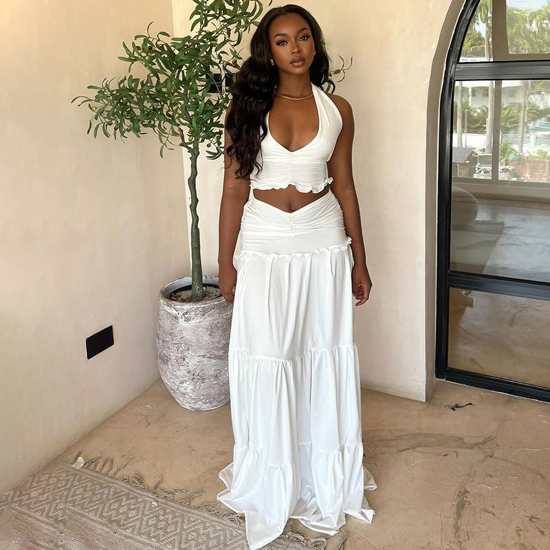 Women Clothing Summer Lace Halterneck Vest Pleated Skirt Two Piece Set for Women