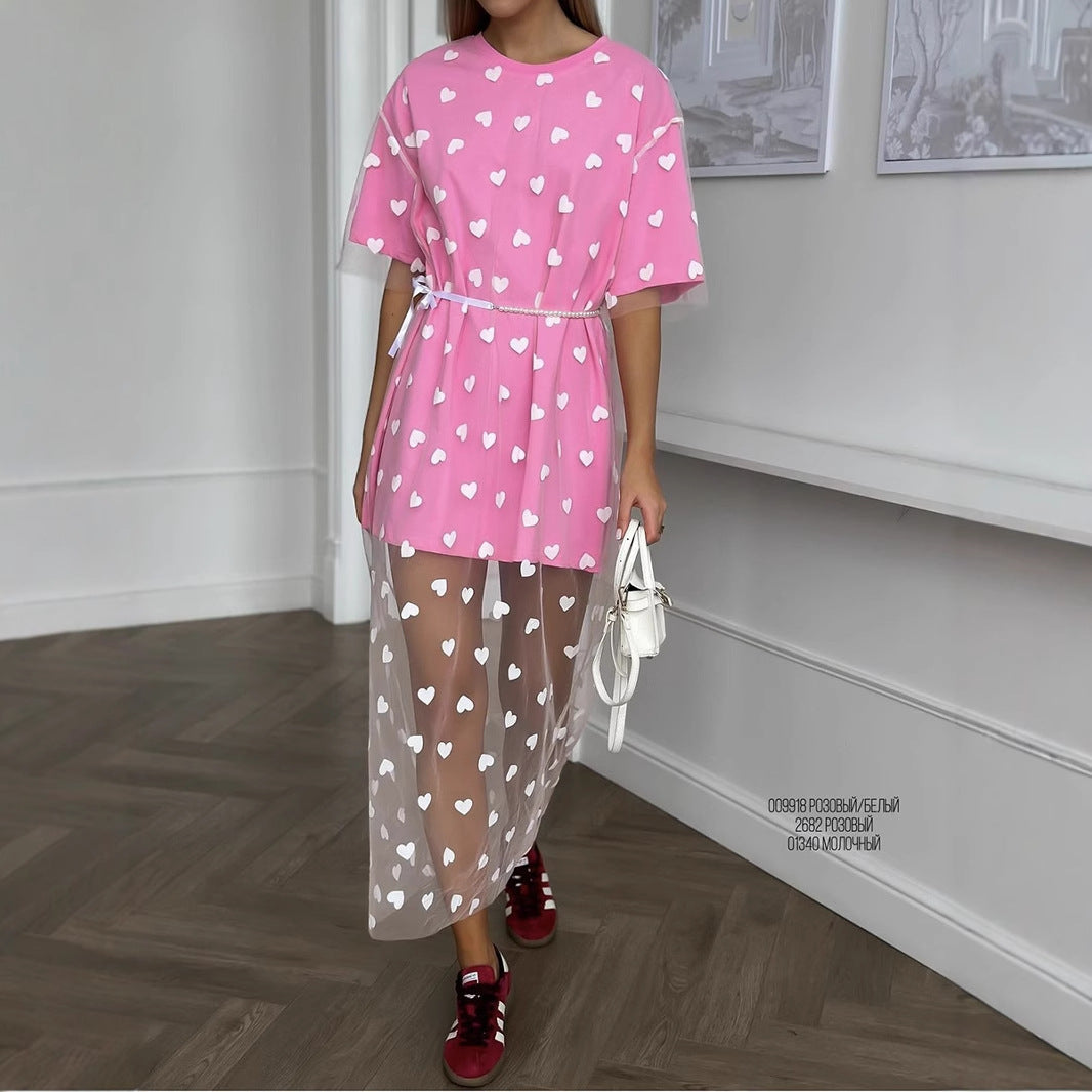 Sexy Women Clothing Long Heart Mesh Stitching Loose Short Sleeve T shirt Dress