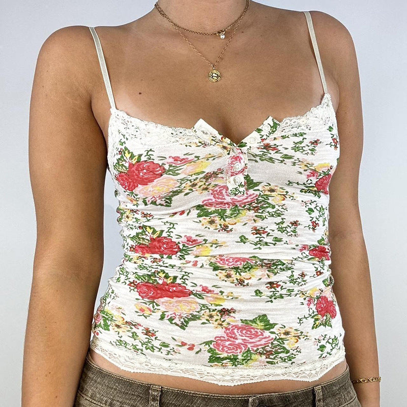 Women Lace Stitching Floral Camisole Sexy Slim Fit Top